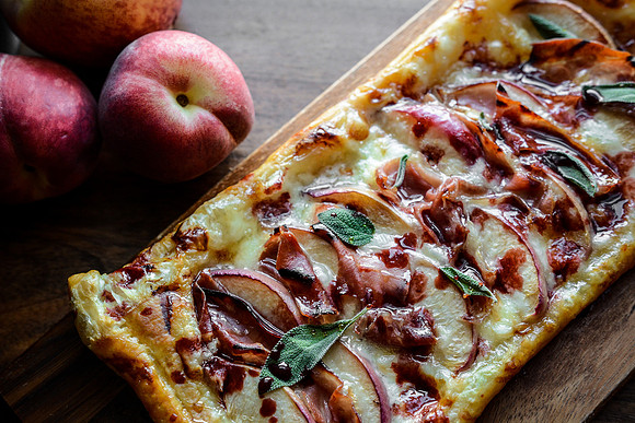 Brie Peach Prosciutto Honey Sage Pastry Pizza with Raspberry Balsamic Reduction | Food Styling and Photography Ashley Halas Photography Hamilton New Jersey