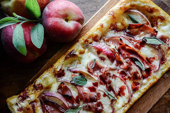 Brie Peach Prosciutto Honey Sage Pastry Pizza with Raspberry Balsamic Reduction | Food Styling and Photography Ashley Halas Photography Hamilton New Jersey