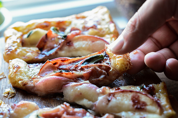 Brie Peach Prosciutto Honey Sage Pastry Pizza with Raspberry Balsamic Reduction | Food Styling and Photography Ashley Halas Photography Hamilton New Jersey