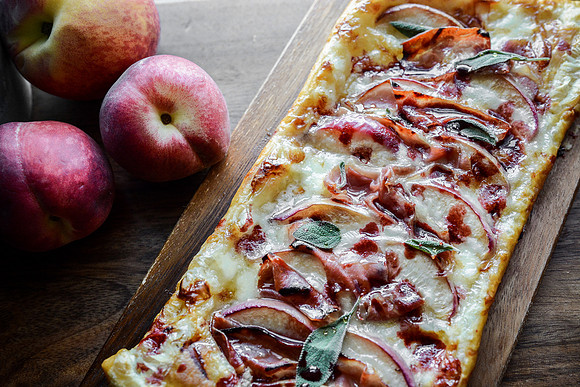 Brie Peach Prosciutto Honey Sage Pastry Pizza with Raspberry Balsamic Reduction | Food Styling and Photography Ashley Halas Photography Hamilton New Jersey